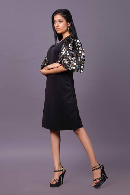 Shop That Thing You Love Black Scuba Embroidery Sequins V-neck Puff Sleeve Dress Online at Aza Fashions Shop_That Thing You Love_Black Scuba Embroidery Sequins V-neck Puff Sleeve Dress_Online_at_Aza_Fashions