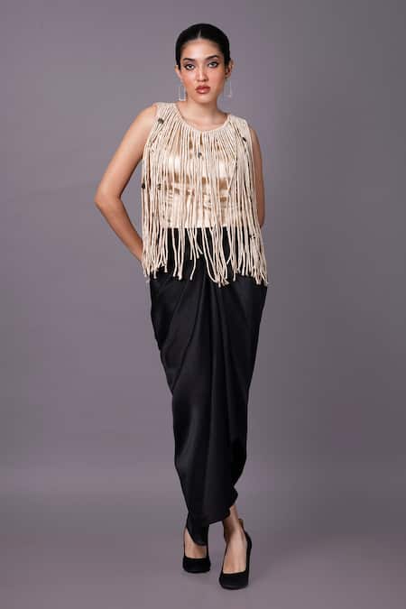 That Thing You Love_Beige Satin Embroidery Tassels Round Sleeveless Top _Online_at_Aza_Fashions