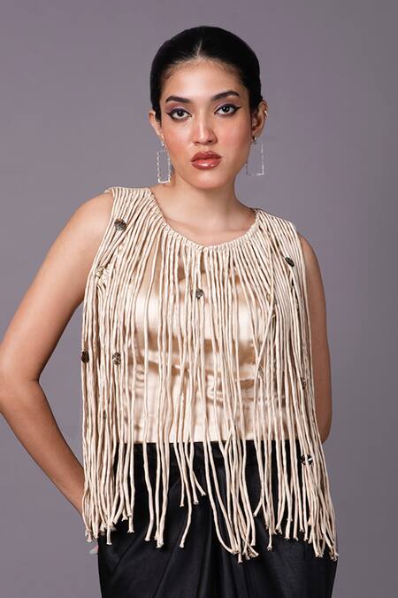 Buy That Thing You Love Beige Satin Embroidery Tassels Round Sleeveless Top With Draped Skirt Online at Aza Fashions Buy_That Thing You Love_Beige Satin Embroidery Tassels Round Sleeveless Top With Draped Skirt _Online_at_Aza_Fashions