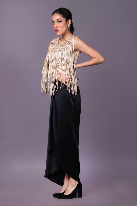 Shop That Thing You Love Beige Satin Embroidery Tassels Round Sleeveless Top With Draped Skirt Online at Aza Fashions Shop_That Thing You Love_Beige Satin Embroidery Tassels Round Sleeveless Top With Draped Skirt _Online_at_Aza_Fashions