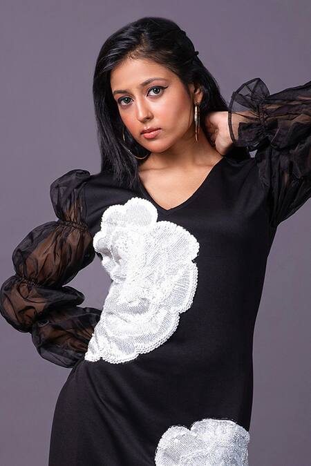 That Thing You Love_Black Scuba Embroidery Flower V-neck Cutdana Straight Dress_Online_at_Aza_Fashions