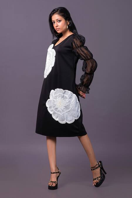 Buy_That Thing You Love_Black Scuba Embroidery Flower V-neck Cutdana Straight Dress_Online_at_Aza_Fashions