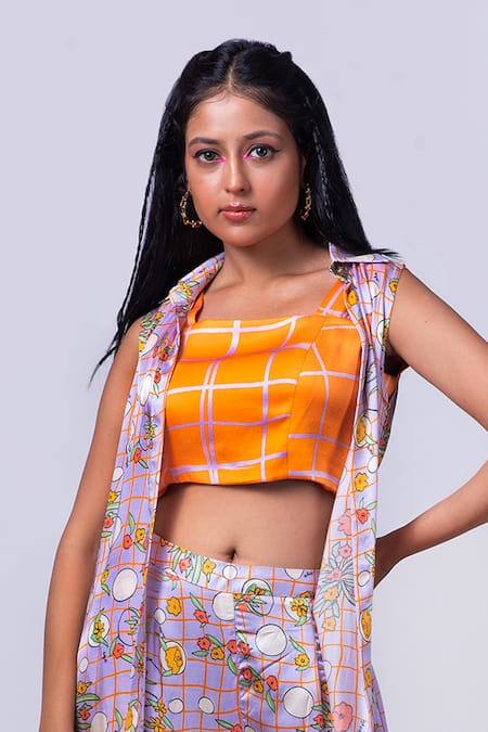 Buy_That Thing You Love_Purple Satin Printed Scribble Floral Square Jacket With Pant Set _Online_at_Aza_Fashions