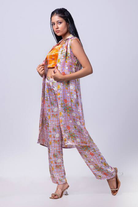 Shop_That Thing You Love_Purple Satin Printed Scribble Floral Square Jacket With Pant Set _Online_at_Aza_Fashions