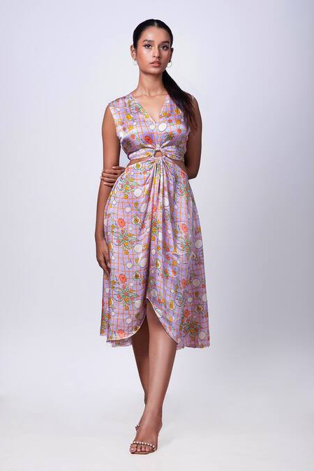 That Thing You Love Purple Satin Printed Scribble Floral V-neck D Ring Dress 