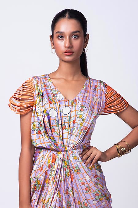 That Thing You Love Purple Satin, Cotton V-neck Scribble Floral Print Draped Dress Online at Aza Fashions That Thing You Love_Purple Satin, Cotton V-neck Scribble Floral Print Draped Dress _Online_at_Aza_Fashions