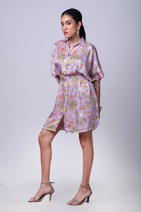 That Thing You Love_Purple Satin Collared Scribble Floral Print Draped Shirt Dress _Online_at_Aza_Fashions
