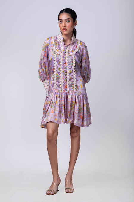 That Thing You Love Purple Satin Printed Scribble Floral Mandarin Lace Dress 