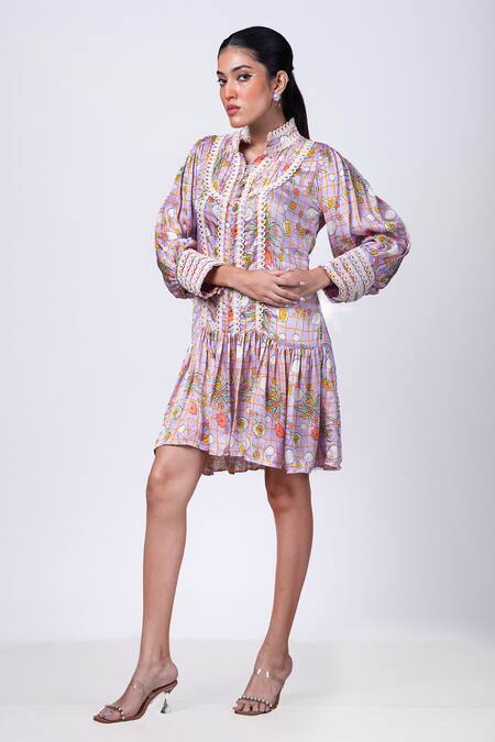 Buy That Thing You Love Purple Satin, Cotton Embroidery Mandarin Collar Scribble Floral Print Lace Dress Online at Aza Fashions Buy_That Thing You Love_Purple Satin, Cotton Embroidery Mandarin Collar Scribble Floral Print Lace Dress _Online_at_Aza_Fashions