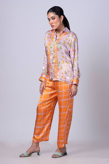 Buy_That Thing You Love_Purple Satin, Cotton Collared Scribble Floral Print Shirt With Pant _Online_at_Aza_Fashions