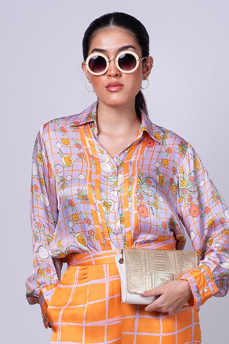 Shop_That Thing You Love_Purple Satin, Cotton Collared Scribble Floral Print Shirt With Pant _Online_at_Aza_Fashions