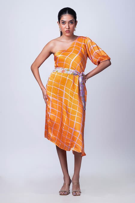 That Thing You Love Orange Satin Printed Scribble Check One-shoulder One Dress 