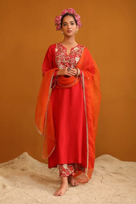 OMANA BY RANJANA BOTHRA Red Kurta And Trousers Bamberg Silk Embroidered Thread Naaz Floral Pant Set 