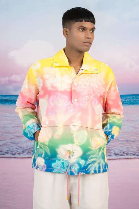 Shop Siddhartha Bansal Multi Color Gabardine Evening Bloom Print Pullover Jacket Online at Aza Fashions Shop_Siddhartha Bansal_Multi Color Gabardine Evening Bloom Print Pullover Jacket _Online_at_Aza_Fashions