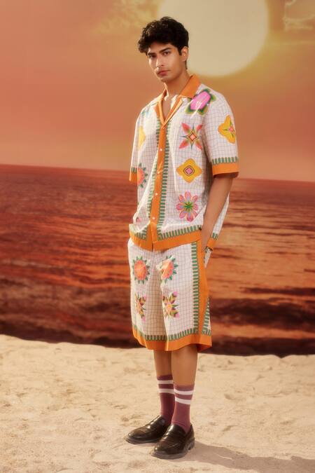 Siddhartha Bansal_White Cotton Embroidery Samsara Lotus Print Shirt With Short _Online_at_Aza_Fashions