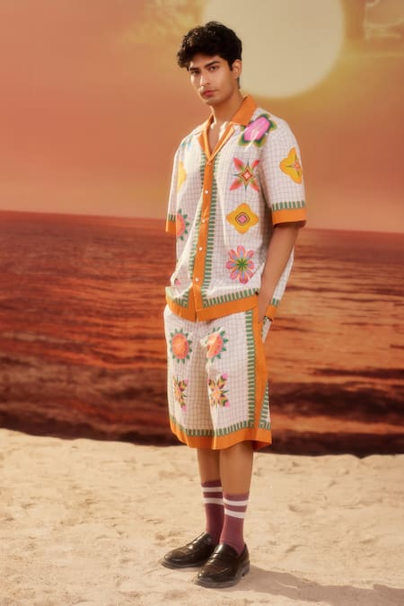 Siddhartha Bansal_White Gingham Embroidery Samsara Lotus Print Shirt _Online_at_Aza_Fashions