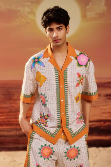 Buy_Siddhartha Bansal_White Gingham Embroidery Samsara Lotus Print Shirt _Online_at_Aza_Fashions