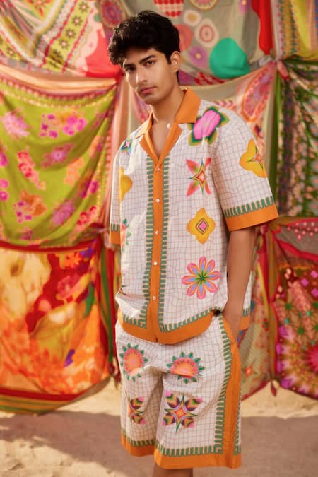 Shop_Siddhartha Bansal_White Gingham Embroidery Samsara Lotus Print Shirt _Online_at_Aza_Fashions
