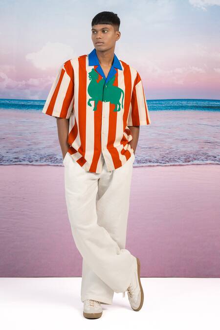 Buy_Siddhartha Bansal_Red Gabardine Malboro Stripe Print Shirt _Online_at_Aza_Fashions