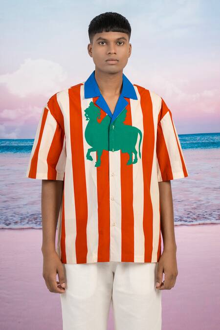 Shop_Siddhartha Bansal_Red Gabardine Malboro Stripe Print Shirt _Online_at_Aza_Fashions