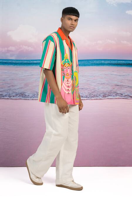 Buy_Siddhartha Bansal_Beige Embroidery Cow At The Beach Print Shirt _Online_at_Aza_Fashions