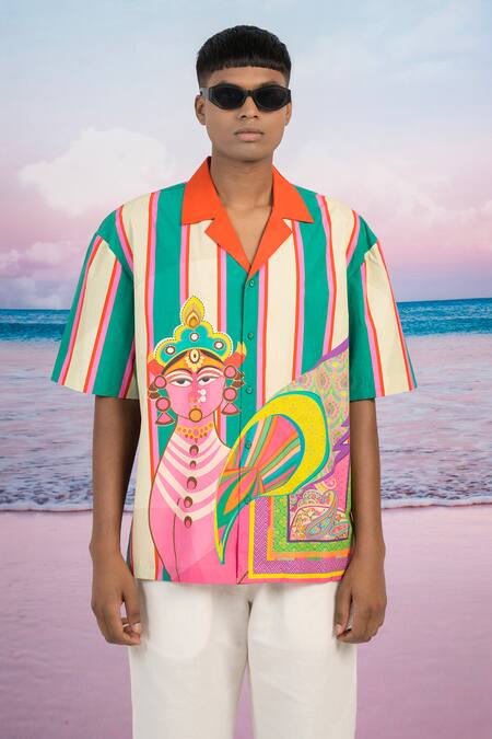 Shop_Siddhartha Bansal_Beige Embroidery Cow At The Beach Print Shirt _Online_at_Aza_Fashions