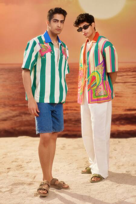 Siddhartha Bansal_Beige Embroidery Cow At The Beach Print Shirt _at_Aza_Fashions