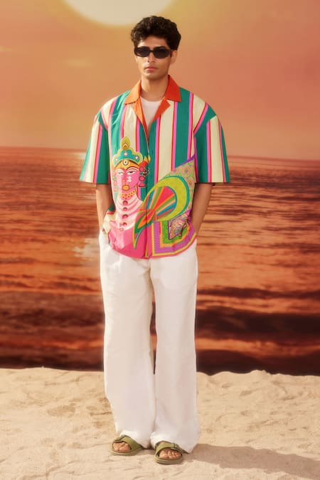 Buy_Siddhartha Bansal_Beige Embroidery Cow At The Beach Print Shirt 