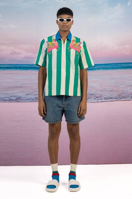 Siddhartha Bansal_White Gingham Embroidery Cabana Stripe Pullover Shirt _Online_at_Aza_Fashions