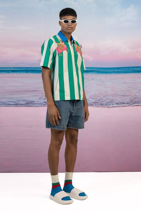 Buy_Siddhartha Bansal_White Gingham Embroidery Cabana Stripe Pullover Shirt _Online_at_Aza_Fashions