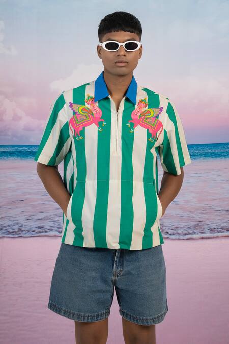 Shop_Siddhartha Bansal_White Gingham Embroidery Cabana Stripe Pullover Shirt _Online_at_Aza_Fashions