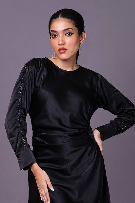 That Thing You Love_Black Satin Beads Round Neck Embroidered Asymmetric Dress _Online_at_Aza_Fashions