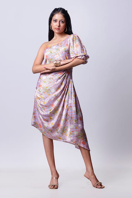 That Thing You Love Scribble Floral Print One Shoulder Dress 