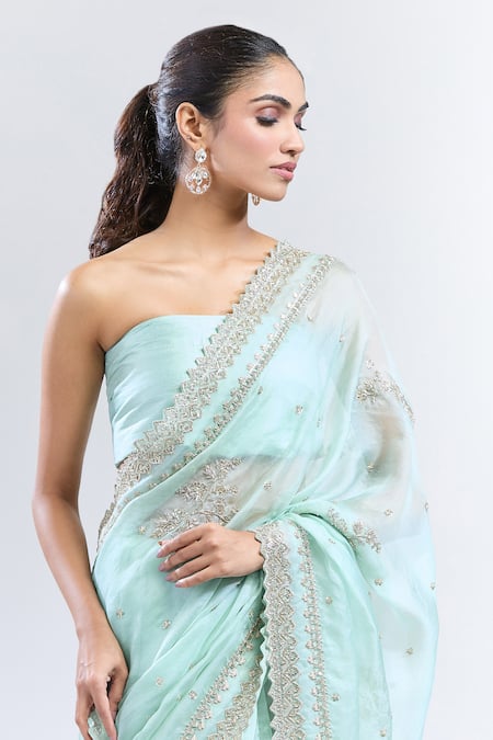 Buy_Anushree Reddy_Green Organza Sequins, Zari Zardozi Saree With Unstitched Blouse Piece 