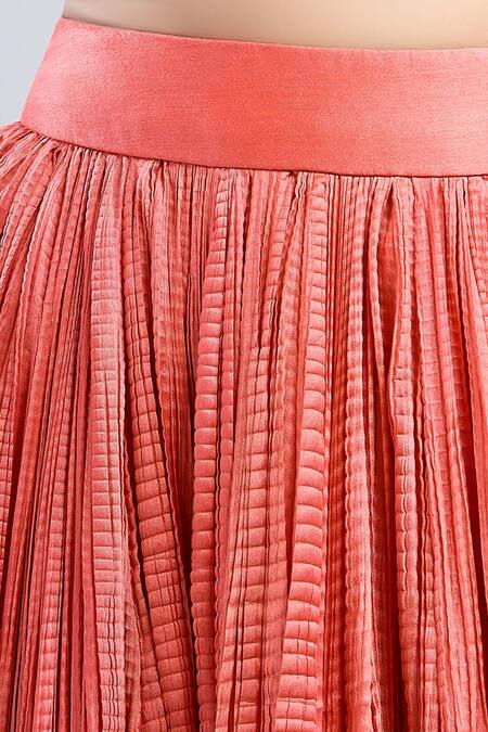 Shop Debyani + CO Orange Chiffon Sequins High Neck Embroidered Top Crushed Skirt Set Shop_Debyani + CO_Orange Chiffon Sequins High Neck Embroidered Top Crushed Skirt Set