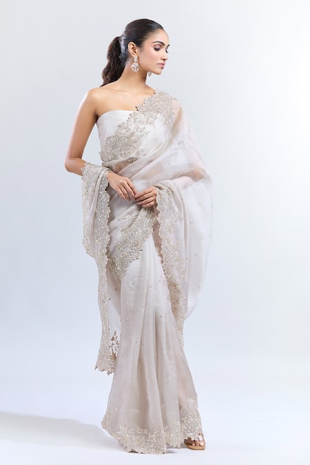 Buy_Anushree Reddy_Ivory Organza Cut Work, Inara Embroidered Saree With Unstitched Blouse Piece 