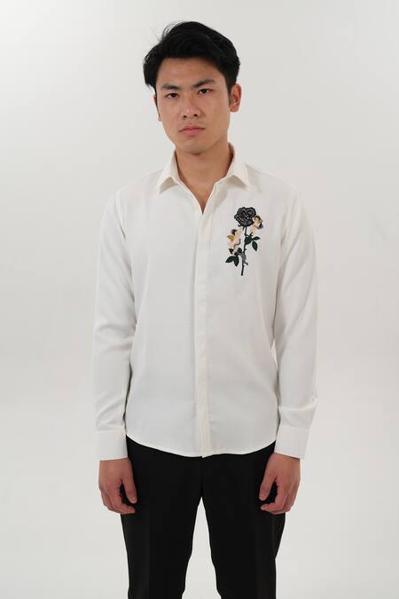 House Of Koa White Crepe Embroidered Floral Applique Classic Romance Work Shirt at Aza Fashions House Of Koa_White Crepe Embroidered Floral Applique Classic Romance Work Shirt _at_Aza_Fashions