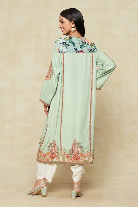 Shop Debyani + CO Blue Cotton Embroidery Split V-neck Kurta Salwar Set at Aza Fashions Shop_Debyani + CO_Blue Cotton Embroidery Split V-neck Kurta Salwar Set _at_Aza_Fashions
