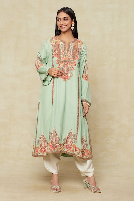 Shop Debyani + CO Blue Cotton Embroidery Split V-neck Kurta Salwar Set Online at Aza Fashions Shop_Debyani + CO_Blue Cotton Embroidery Split V-neck Kurta Salwar Set _Online_at_Aza_Fashions