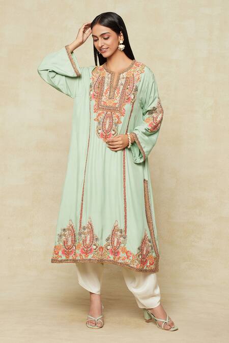 Debyani + CO Blue Cotton Embroidery Split V-neck Kurta Salwar Set at Aza Fashions Debyani + CO_Blue Cotton Embroidery Split V-neck Kurta Salwar Set _at_Aza_Fashions