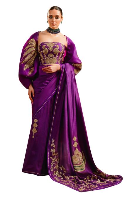 Masaba_Purple Satin, Silk, Organza Embroidery, Jamun Fizz Saree Set With Jacket _Online_at_Aza_Fashions