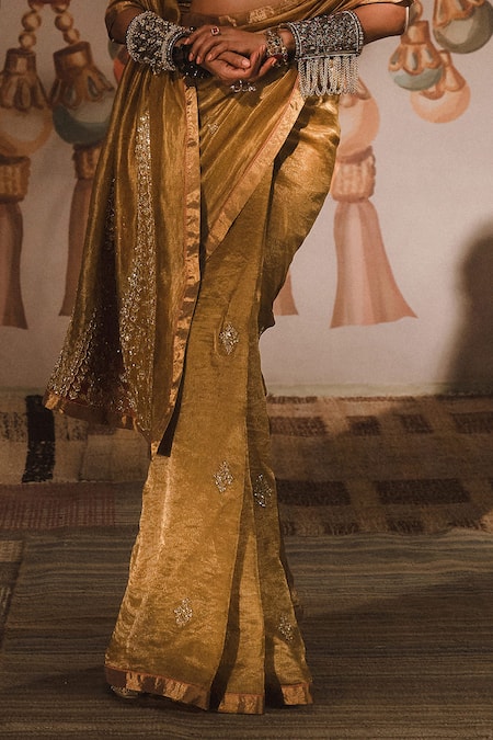 Masaba_Gold Tissue Sequins, Patchwork Collared Mysore Pak Saree With Blouse _Online_at_Aza_Fashions