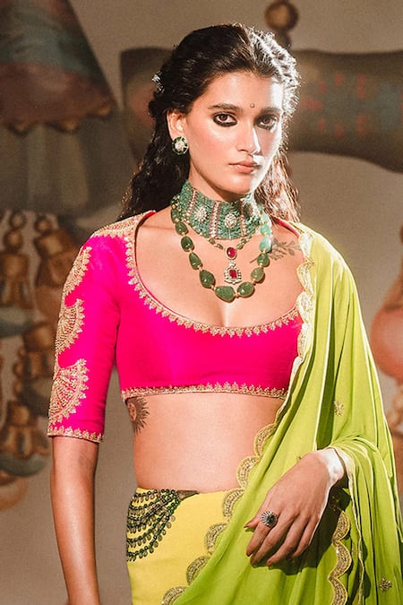 Shop_Masaba_Multi Color Silk Sequins, Beads Scoop Neck Meetha Paan Saree With Blouse _at_Aza_Fashions