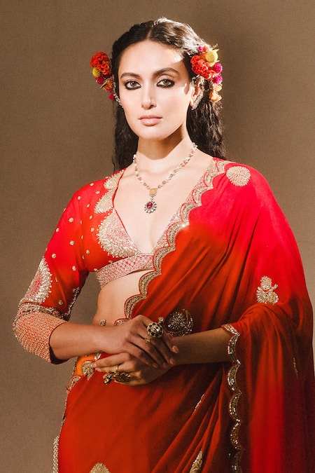 Shop Masaba Red Crepe Embroidery Plunge Neck The Gulab Sherbet Saree With Blouse at Aza Fashions Shop_Masaba_Red Crepe Embroidery Plunge Neck The Gulab Sherbet Saree With Blouse _at_Aza_Fashions