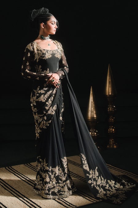 Masaba Black Saree Moss Crepe Embroidered Zardozi Sunheri Bel Stitched With Corset 