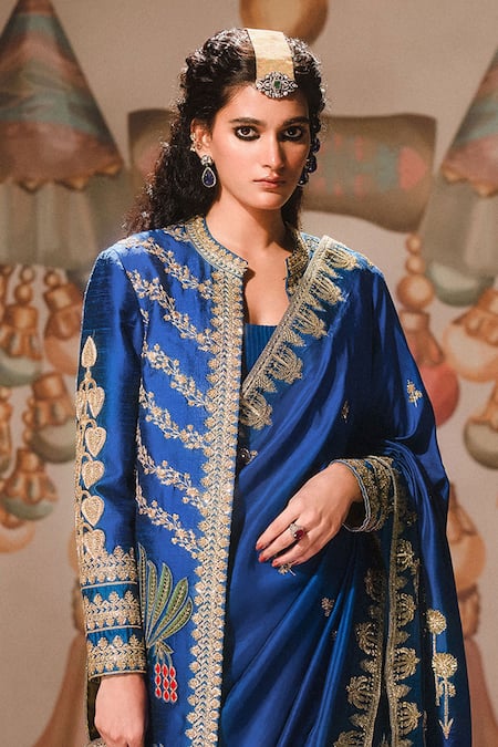 Shop_Masaba_Blue Denim, Silk Embroidery, Stones Round Neck Neel Bahar Saree Set With Salwar _at_Aza_Fashions