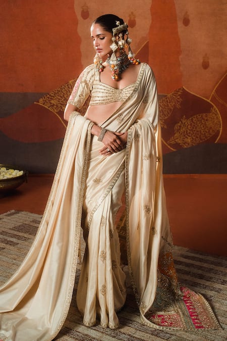 Shop Masaba Beige Silk Embroidery, Patchwork Sweetheart The Bombay Barfi Saree With Blouse at Aza Fashions Shop_Masaba_Beige Silk Embroidery, Patchwork Sweetheart The Bombay Barfi Saree With Blouse _at_Aza_Fashions