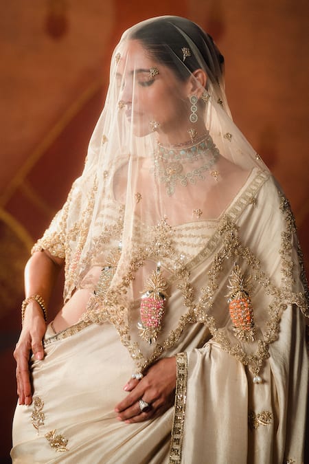 Masaba_Beige Silk, Tulle Embroidery, Patchwork The Bombay Barfi Saree Set With Veil _Online_at_Aza_Fashions