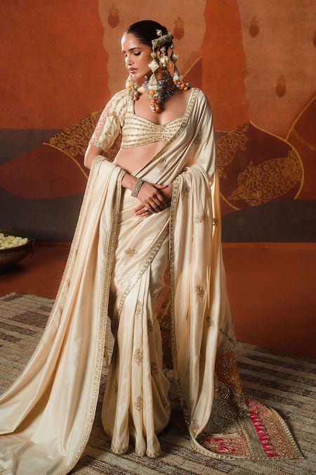 Shop_Masaba_Beige Silk, Tulle Embroidery, The Bombay Barfi Saree Set With Veil And Dupatta _at_Aza_Fashions
