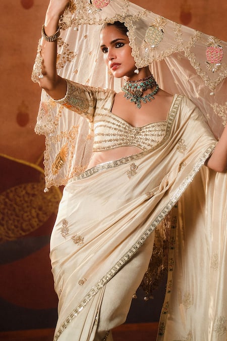 Masaba_Beige Silk, Tulle Embroidery, The Bombay Barfi Saree Set With Veil And Dupatta _Online_at_Aza_Fashions